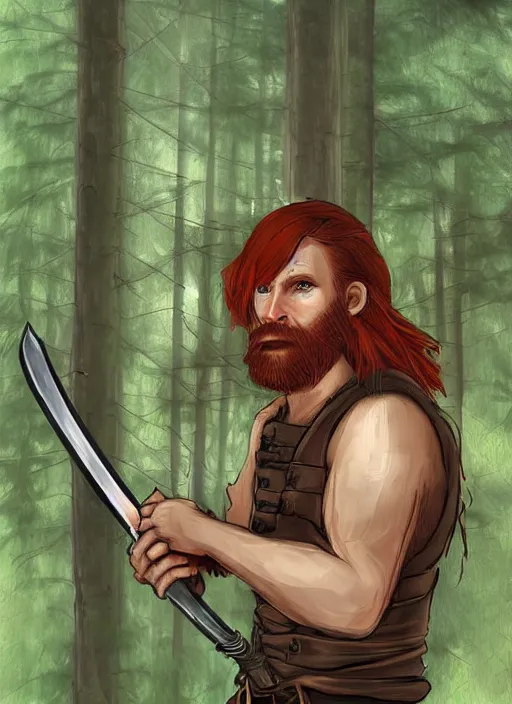 Prompt: grungy redhead 30-something scruffy bearded shoulder-length hair swordsman holding a short curved sword in a ultradetailed pacific northwest redcedar forest, smooth. sharp focus, grunge dingy high quality digital art detailed,