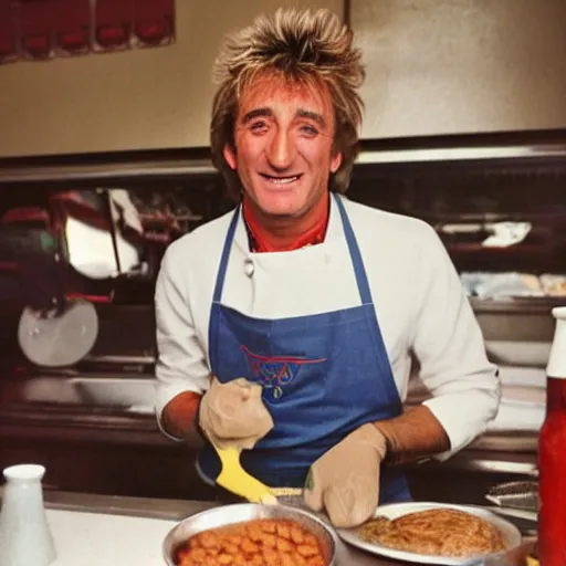 Image similar to rod steward is frying burgers, 1 9 8 0 s diner, dirty dishes, greasy food, impatient customers, rod stewart is wearing a stained apron, smiling at camera, white paper cap, he's sweating, photo