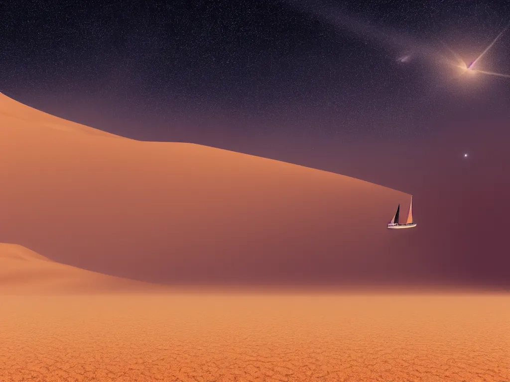 Prompt: cinematic, film grain, photography, epic composition, realistic, 3 5 mm, a small sailboat sailing in the a sandstorm, in the sahara desert, midnight, starry sky, shooting stars, octane rendering, 8 k, epic lighting