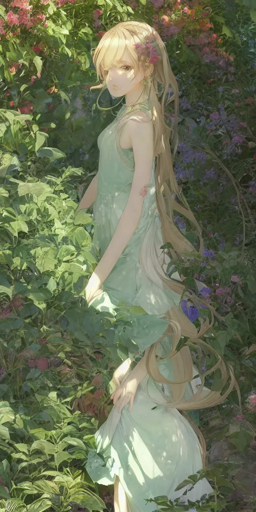 Image similar to a digital art of a loli with long hair in a dress in the privet garden at after noon, green and warm theme, by krenz cushart and mucha and akihito yoshida and greg rutkowski and makoto shinkai, low angle, long shot, back lighting, detailed eyes, 4 k resolution, trending on art station