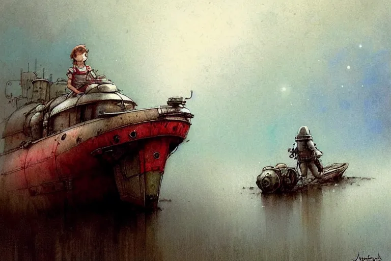Image similar to adventurer ( ( ( ( ( 1 9 5 0 s retro future robot android mouse house boat tug boat calm stream. muted colors. ) ) ) ) ) by jean baptiste monge!!!!!!!!!!!!!!!!!!!!!!!!! chrome red