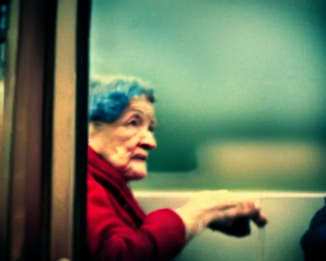 Image similar to a lomography photo of rumble between two grandmoms in soviet train this morning, bokeh,