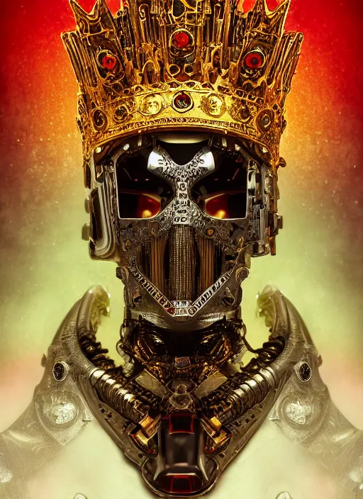 Prompt: portrait of king arthur knight cyborg with a golden crown with red gemstones, studio portrait against a black background, modern fine art, fractal, intricate, elegant, highly detailed, digital photography, subsurface scattering, in the style of ghost, by jheronimus bosch and yue minjun and giger and greg rutkowski,