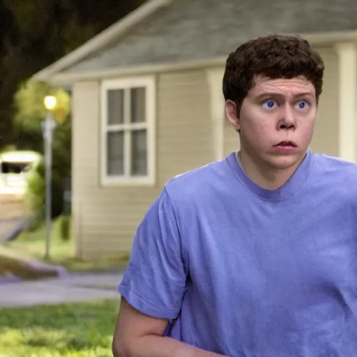 Image similar to Live Action Still of Jerma in Superbad, real life, hyperrealistic, ultra realistic, realistic, highly detailed, epic, HD quality, 8k resolution, body and headshot, film still