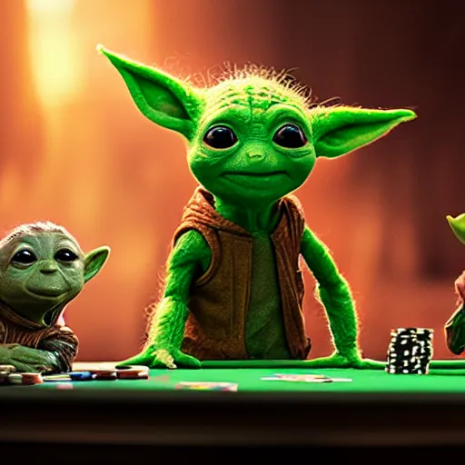 Prompt: baby groot, baby yoda, and kermit the frog all playing poker, painting, 4k, high-res