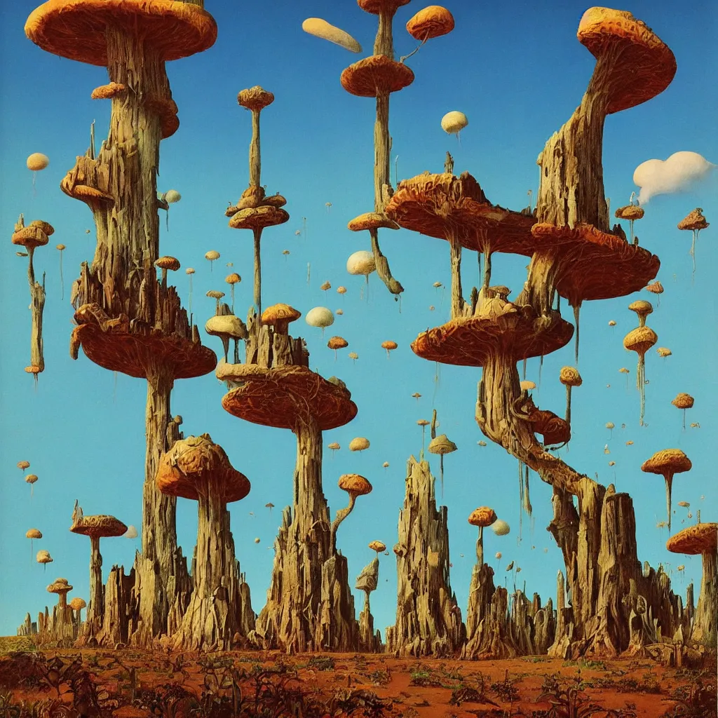 Image similar to a single! colorful!! fungus tower clear empty sky, a high contrast!! ultradetailed photorealistic painting by dean ellis, roger dean and giorgio de chirico, hard lighting, masterpiece