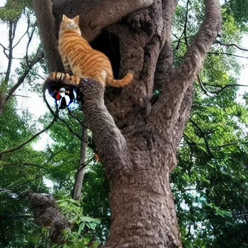 Prompt: - Many Different Cats Climbing Large Tree