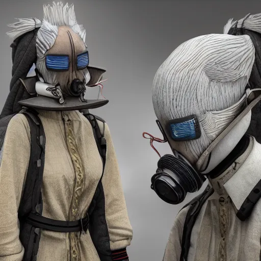 Image similar to japanese solarpunk model in a ceremony with extremely detailed respirators and head gear, inspired by die antwoord beautiful, hand painted textures, cloth physics, deviantart, karol bak, masamune shirow, black and white, beautiful kawaii lighting, photorealistic, concept art, perfect render, 3 d render, pixar, 8 k