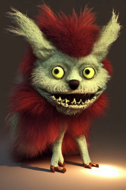 Image similar to 3 d model of adorable evil scary fur monster with glowing eyes by alexander jansson : 1 | centered, rainbow colored fur, matte background : 0. 9 | by jim henson : 0. 7 | dave melvin : 0. 4 | unreal engine, deviantart, artstation, octane, finalrender, concept art, hd, 8 k resolution : 0. 8