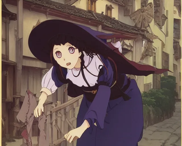 Image similar to ( majo no tabitabi ), key anime visual portrait of a young female witch walking through a busy medieval village, dynamic pose, dynamic perspective, cinematic, dramatic lighting, detailed silhouette, anime proportions, alphonse mucha, perfect anime, yoh yoshinari, ( yuki urushibara )