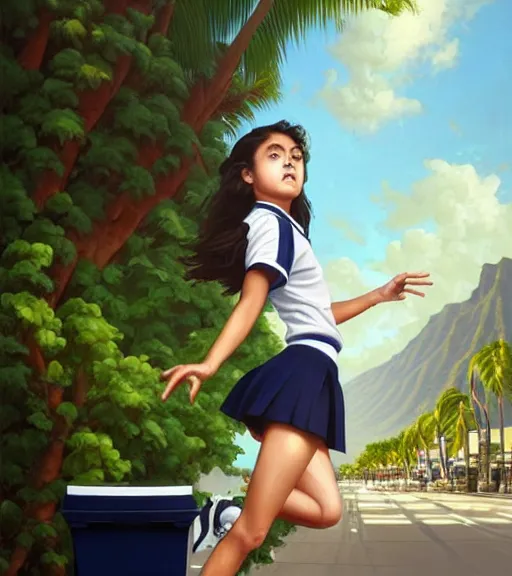 Prompt: portrait of an Italian Mexican teen female schoolgirl wearing a navy and white sepuku uniform and jumping outside a green trashbin in Kalakaua avenue in Waikiki, intricate, elegant, highly detailed, centered, digital painting, artstation, concept art, smooth, sharp focus, illustration, by Peter Mohrbacher, WLOP