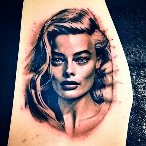 Image similar to double exposure tattoo design sketch of beautiful margot robbie in the shape of beautiful mountains, in the style of matteo pasqualin, amazing detail