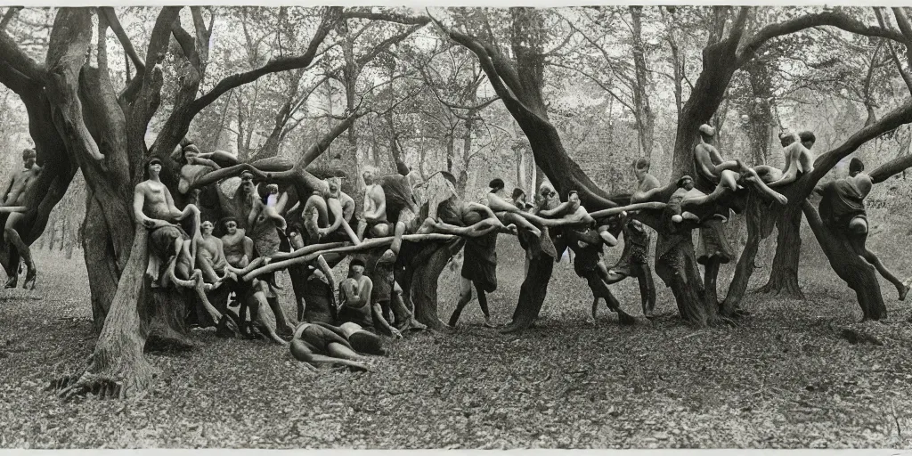 Prompt: humans fused to tree branches in an ominous forest, 1 9 0 0 s photography