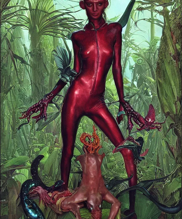 Prompt: a portrait photograph of a tropical alien succubus with slimy amphibian skin being painted like a bird. she looks like sadie sink and is being wrapped in a colorful infected sleek organic catsuit. by donato giancola, hans holbein, walton ford, gaston bussiere, peter mohrbacher and brian froud. 8 k, cgsociety, fashion editorial