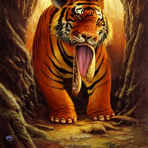 Image similar to tiger - elephant creature, oil painting by justin gerard