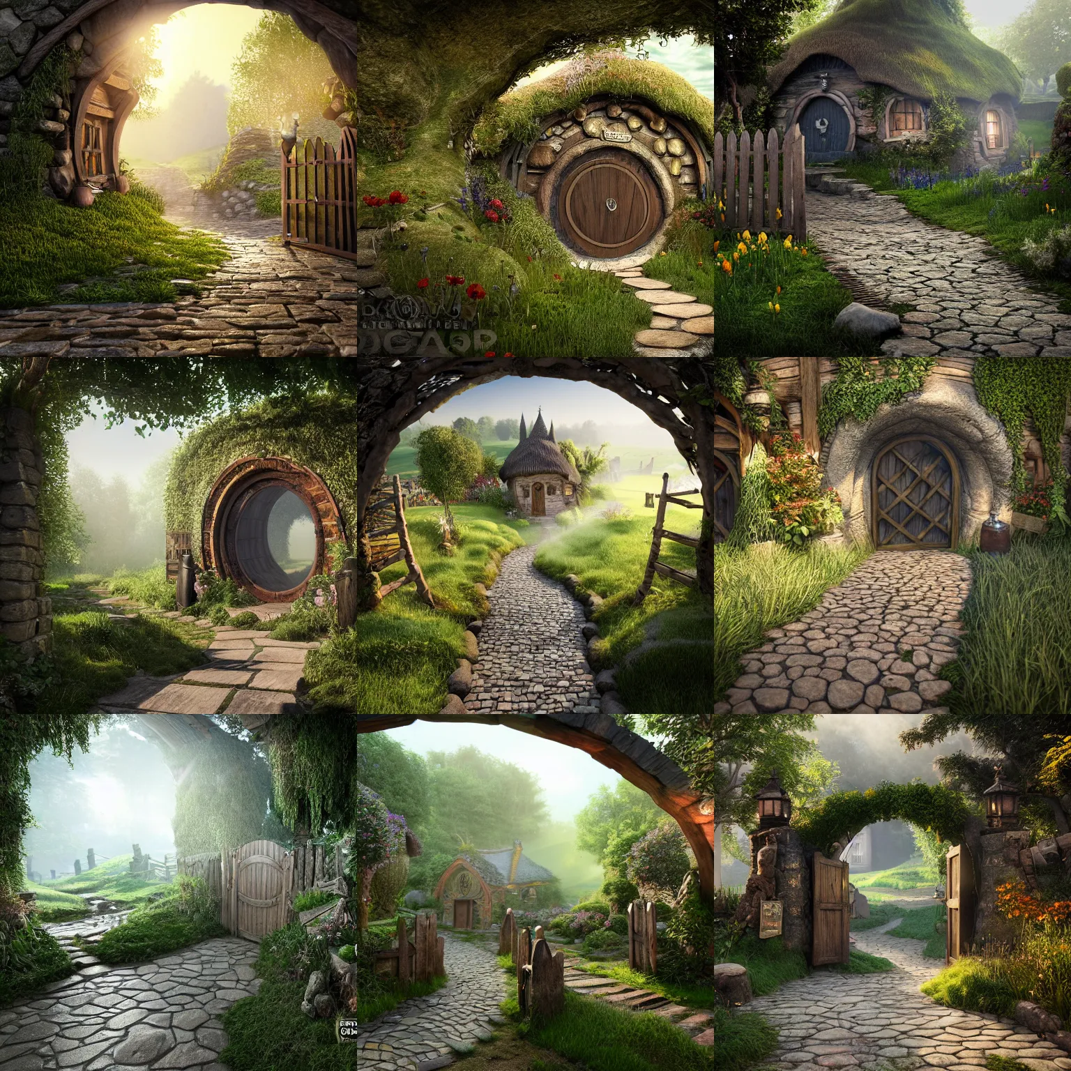 Prompt: cobblestone path the wooden gates to the shire inside a glass jar, hobbiton, intricate detail, volumetric lighting, epic composition, hyper detailed, ultra realistic, sharp focus, octane render, volumetric, ray tracing, sense of awe, swirling mist, 4 k