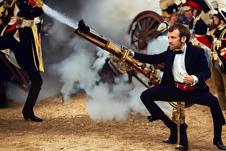 Image similar to closeup portrait of emmanuel macron dressed as napoleon firing cannons from his arms, natural light, sharp, detailed face, magazine, press, photo, steve mccurry, david lazar, canon, nikon, focus