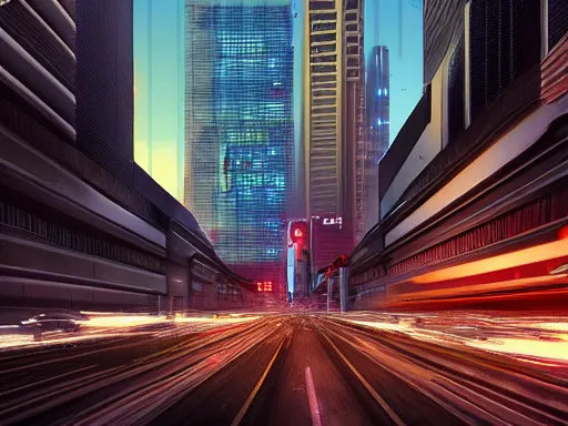 Image similar to a cinematic busy cyberpunk street in a mega city packed with flying vehicles, large mega corp buildings dominate the skyline at dusk by nick hiatt, unreal engine trending on artstation