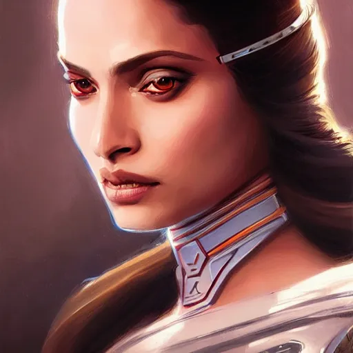 Image similar to darth padme amidala, freida pinto, art by artgerm and greg rutkowski and magali villeneuve, portrait, highly detailed, headshot, intricate, elegant, digital painting, trending on artstation, concept art, sharp focus, illustration