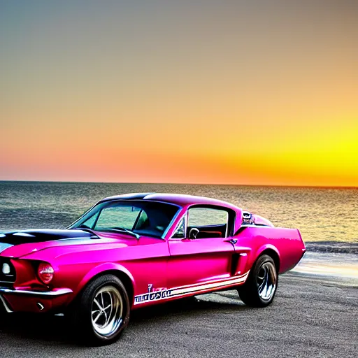 Prompt: long shot of 1967 Ford mustang Shelby GT500 in pink color at sunset in front a beach, 8k, amazing reflection on the car, UHD Photography