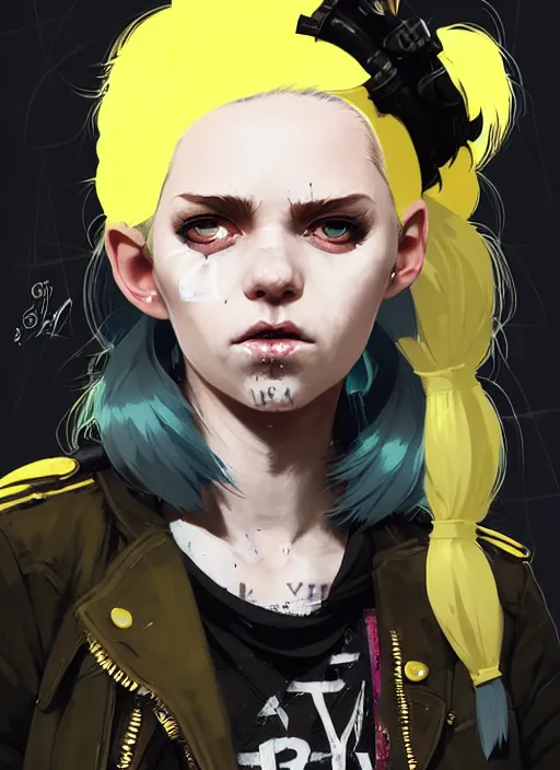 Image similar to highly detailed closeup portrait of a sewer punk pretty swedish female road warrior student, tartan garment, blonde hair pigtails with headband by atey ghailan, by greg rutkowski, by greg tocchini, by james gilleard, by joe fenton, by kaethe butcher, gradient yellow, black, brown and white color scheme, grunge aesthetic!!! white graffiti tag wall background