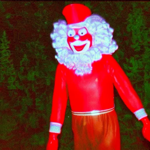 Prompt: ronald mcdonald caught on trail cam footage, cryptid, grainy and poor developed, at night