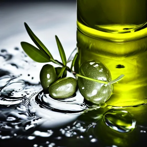 Prompt: photograph of olive oil and water, abstract, hyperrealistic