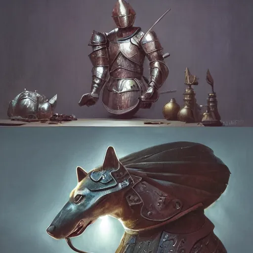 Image similar to knight armor, anthropomorphic shiba inu face, knight round table in tavern,, stuning 3 d render, masterpiece, glowing aura, by donato giancola and greg rutkowski and wayne barlow and zdzisław beksinski, realistic face