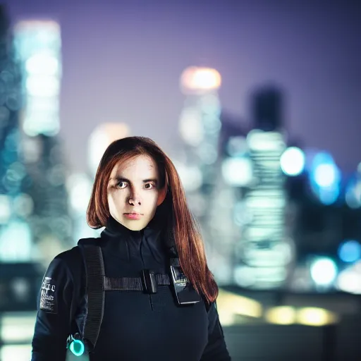 Image similar to photographic portrait of a techwear woman holding a Glock 18, closeup, on the rooftop of a futuristic city at night, sigma 85mm f/1.4, 4k, depth of field, high resolution, 4k, 8k, hd, full color