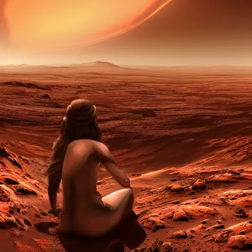 Image similar to Still of a Martian woman with gorgeous flowing hair on Mars, sitting on a Martian rock, photorealistic facial features, reddish atmosphere with detailed highlights, dark gloomy sky cascading upon the atmosphere, well-detailed ornate Martian mountains in the background, trending on artstation, 4k, 8k