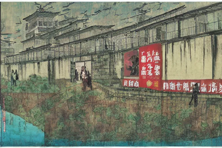 Image similar to a chinese prison near a river by peter doig, overlaid with chinese adverts