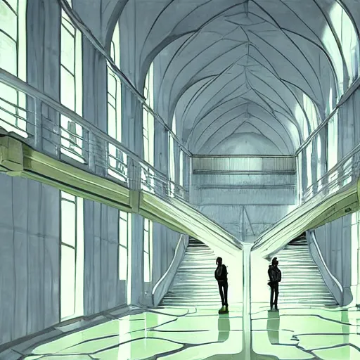 Image similar to a flood of slime in a bright white hallway with many doors and many stairs, Mc Escher architecture, epic composition, by Makoto Shinkai