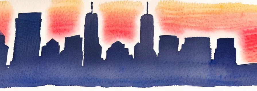 Prompt: watercolour line drawing of a city skyline at sunset