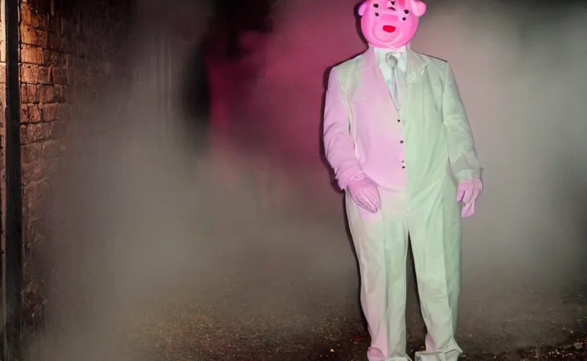 Prompt: mr blobby and noel edmonds waiting for you in a dark alleyway at night, creepy, foggy, silent hill