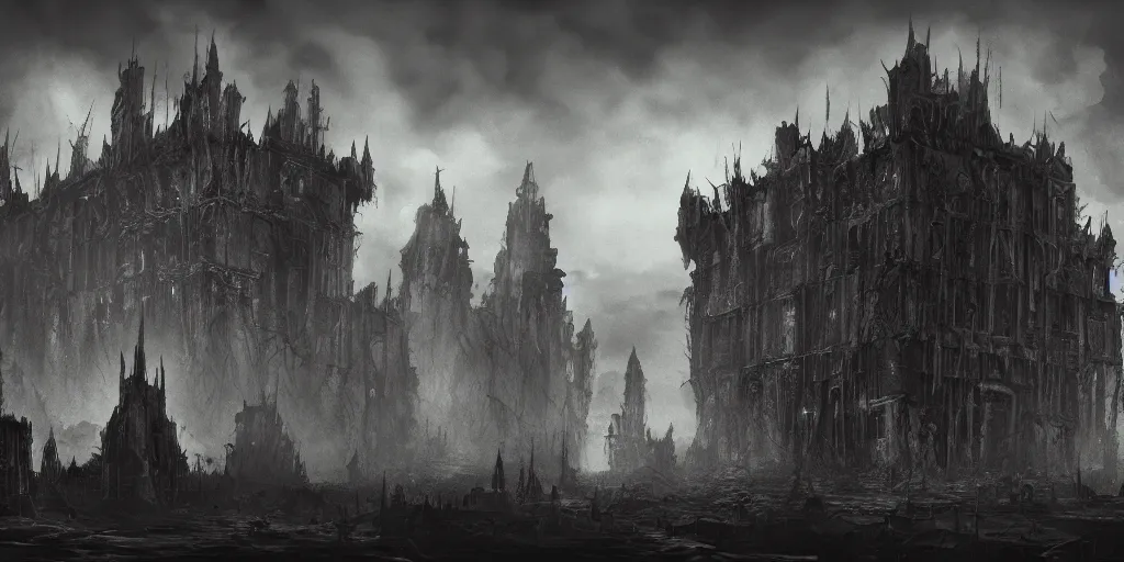 Image similar to grimdark chaos fortress, ruined, terrifying architecture, looming, dark, fog, dark souls, hyperrealistic, artstation