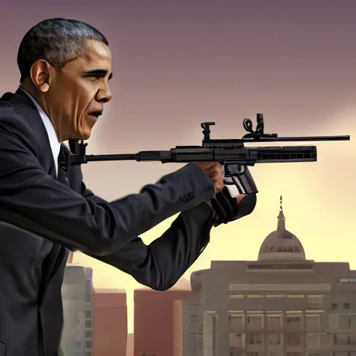 Image similar to angry barack obama shooting and terrorizing people in the hood, 8k resolution, full HD, cinematic lighting, award winning, anatomically correct