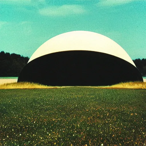 Prompt: a photo of a massive non-euclidian dome in a field of dead grass next to a lake, wide angle, in the distance, far away, vintage color photo, Aubrey Powell, film grain, beautiful cinematography, blue sky, surreal, James Turrell