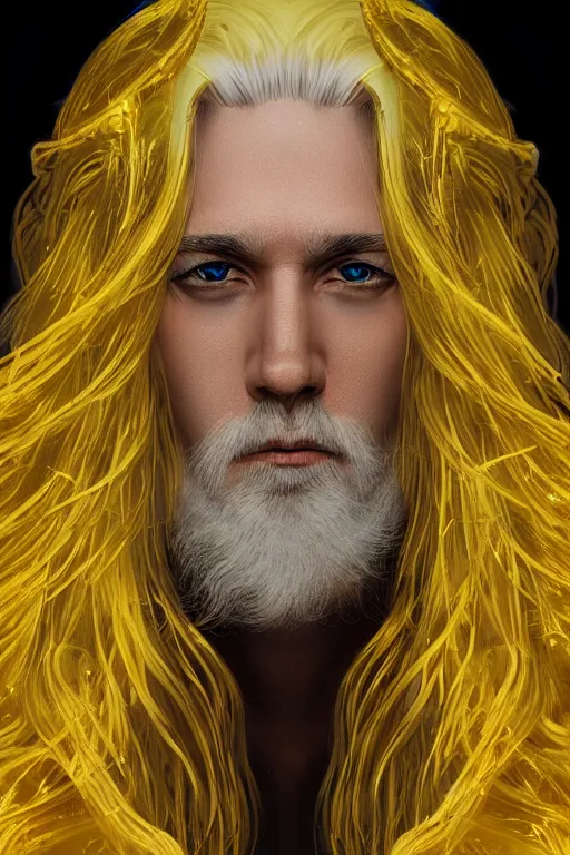 Image similar to Portrait of male mage with long white hair, yellow face, photorealistic, highly detailed, artstation, smooth, sharp focus, gold ornaments, neon lighting, sci-fi, art by Klimt