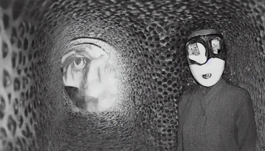 Prompt: 50s movie still close-up portrait of a white female japanese phantom with trypophobia mask in a liminal space style tunnel, early black and white 8mm, heavy grain, low quality,