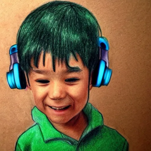 Prompt: crayon drawing of a kid with green headphones drawn by a 6 year old, photorealistic