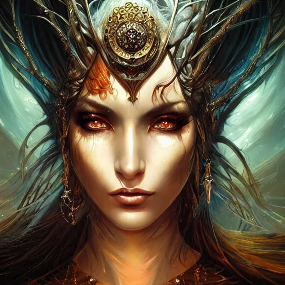 Image similar to a higly detailed painting of a sorceress with piercing beautiful eyes, dark dungeon setting, dynamic lighting, ambient lighting, deviantart, art by artgerm and karol bak and mark brooks