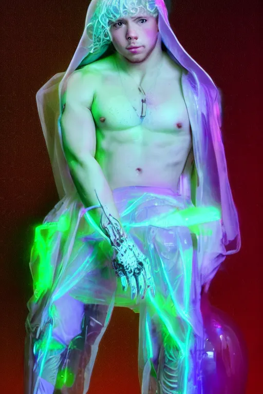 Image similar to full-body rococo and cyberpunk delicate neon crystalline sculpture of ((muscular albino prince Nick Jonas)) (((con la piroca dura))) as an iridescent humanoid deity wearing a thin see-through ((plastic hooded cloak)) sim roupa (holding a human skull), reclining con (((las piernas abiertas))), glowing pink face, crown of (white lasers), large diamonds, swirling black silk fabric. futuristic elements. oozing glowing liquid, full-length view. space robots. intricate artwork by caravaggio. Trending on artstation, octane render, cinematic lighting from the right, hyper realism, octane render, 8k, depth of field, 3D