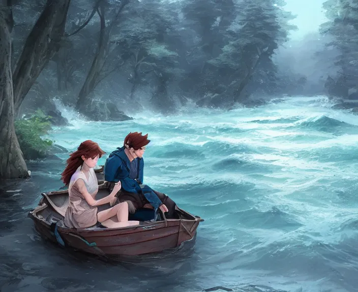 Prompt: a young man and young woman sitting together on one single boat. Romantic. Girl has auburn hair. Boy has short black hair. Narrow river in a forest, rocky shore, trees, shady, blue waters, ripples, waves, reflections, details, sharp focus, illustration, by Jordan Grimmer and greg rutkowski, Trending artstation, pixiv, digital art