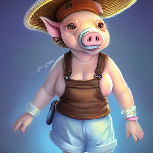 Image similar to cute little anthropomorphic funny female pig wearing shorts, a sunhat, boots and a pale blue shirt!! tiny!! fully clothed!!! small, short, cute and adorable, character art portrait, matte fantasy painting, deviantart artstation, by jason felix by steve argyle by tyler jacobson by peter mohrbacher, cinema