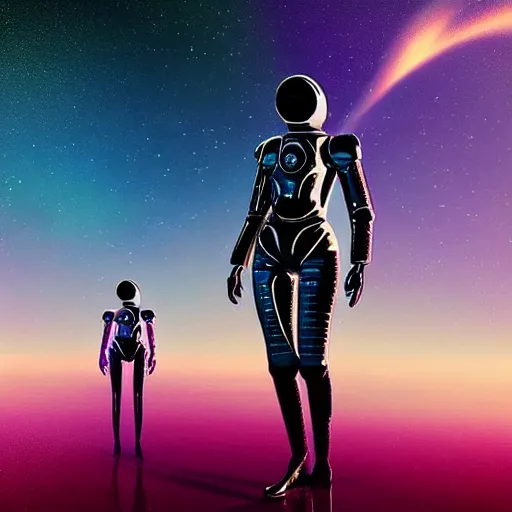 Prompt: “new cosmos frontiers, big chaotic beutiful and open space with many stars and space drednought far away in the horizon, woman in futuristic and revealing body spacesuits pointing to the horizon, vaporwave style highly motivating, high details, top ArtStation”