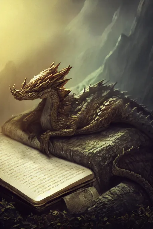 Image similar to A tiny dragon sleeping on an old dusty magic book, dramatic lighting, cinematic, establishing shot, extremely high detail, foto realistic, cinematic lighting, post processed, concept art, high details, cinematic, 8k resolution, beautiful detailed, photorealistic, digital painting, artstation, concept art, smooth, sharp focus, artstation trending, octane render, unreal engine