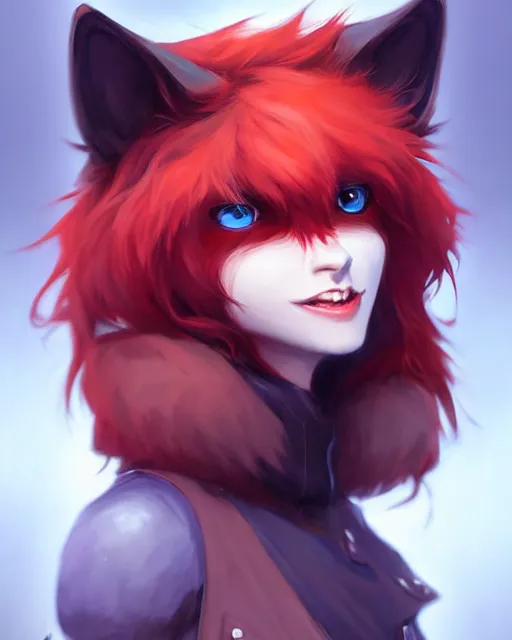 Image similar to character concept art of a black anthropomorphic furry wolf red hair blue eyes | | cute - fine - face, pretty face, key visual, realistic shaded perfect face, fine details by stanley artgerm lau, wlop, rossdraws, james jean, andrei riabovitchev, marc simonetti, and sakimichan, artstation