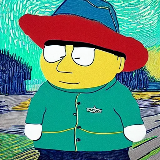 Image similar to an artistic portrait of eric cartman, high quality, studio photography, colorful, hero, heroic, beautiful, in the style of vincent van gogh