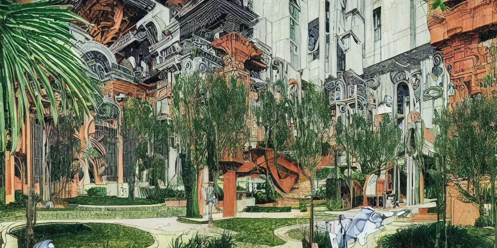 Image similar to masterpiece, graphic illustration of afro futurist florence courtyard designed by by frank lloyd wright architect, plants and trees on walkways low buildings, green energy, bicycles,, bill sienkiewicz, giant agapanthus flower from buildings wide angle, insanely detailed and intricate