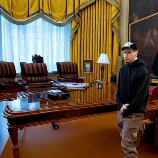 Image similar to Eminem in the president's office in the White House, photorealistic, high definition, cinematic lighting,